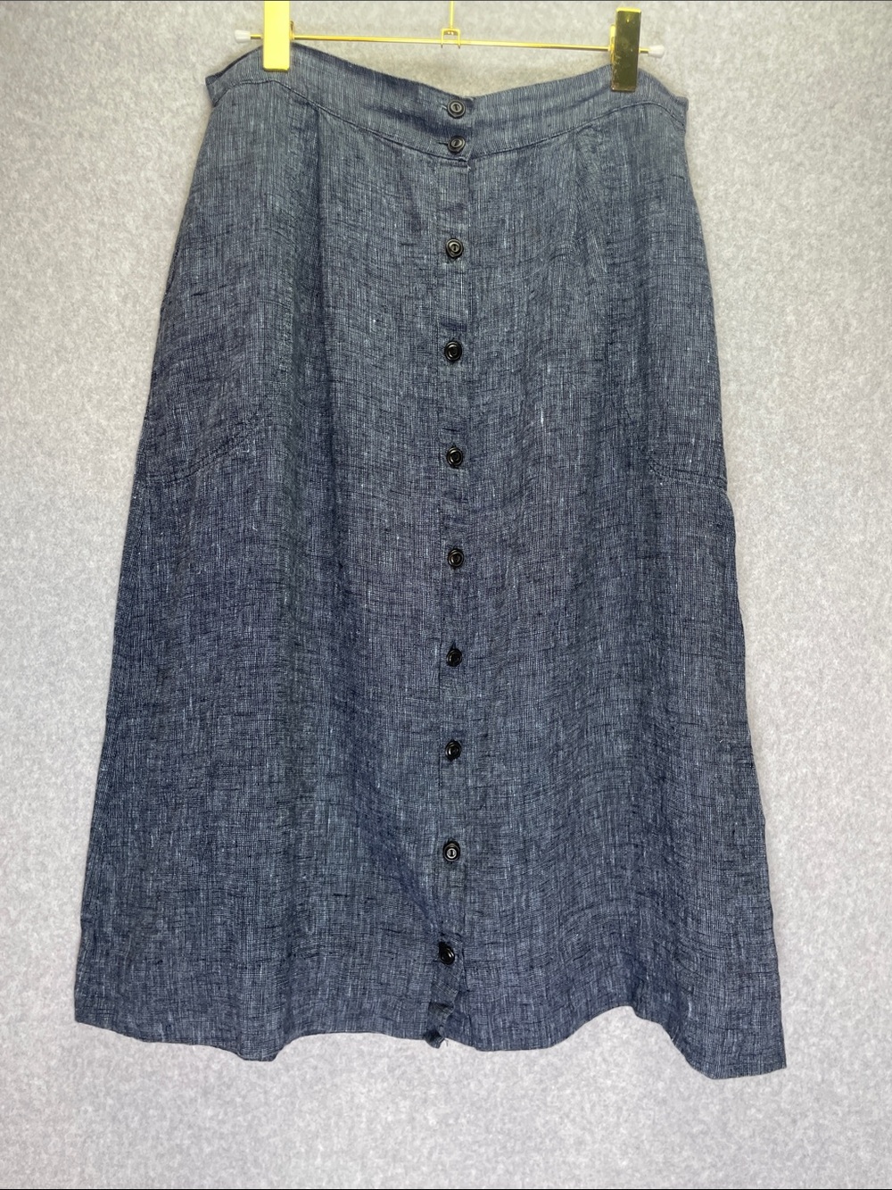 VTG Flax Linen Full Button Front Blue Chambray Midi Skirt Lagenlook Size Large
